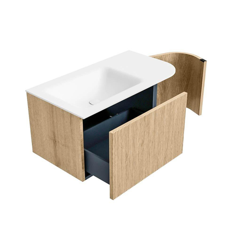 MONDIAZ KURVE Meuble de salle de bains 85 cm avec module 25 R couleur Oak avec 1 tiroir et 1 porte. Lavabo CLOUD gauche 1 trou de robinet Talc. SW1138151
