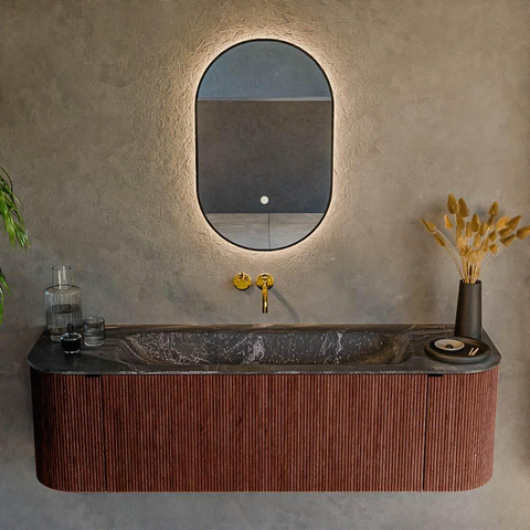 Mondiaz KURVE-DLUX Ensemble de meuble de salle de bains - 150x46x40cm - 1 tiroir - 2 portes - lavabo solid surface - central - sans trou de robinet - Ruby SW1416041