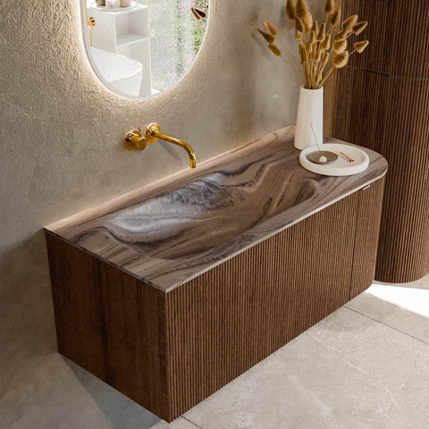 MONDIAZ KURVE-DLUX 105cm badmeubel ronding Rechts kleur Walnut met 1 lade en 1 deur. Wastafel BIG SMALL Links zonder kraangat Sombra. SW1433650
