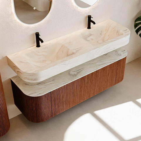 MONDIAZ THOR-DLUX 150cm meuble de salle de bains arrondi gauche + droite couleur Ruby avec 1 tiroir et 2 portes. Vasque suspendue CLOUD Double 2 trous de robinet couleur Ostra. SW1464588