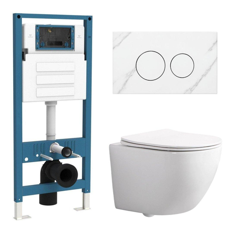 QeramiQ Dely Swirl Compact Toiletset - inbouwreservoir QeramiQ flush - slim zitting - marmeren bedieningsplaat wit - ronde knoppen - glans wit SW1590527