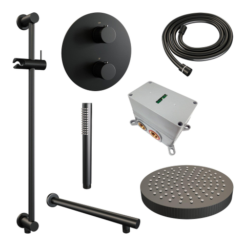 BRAUER Stripe Douche de tête thermostatique encastrée - 3 voies - ronde - SET 43 - pomme de douche 25cm - bras mural droit - douchette à main barre - flexible de douche - barre coulissante intégrée - noir mat SW1435175