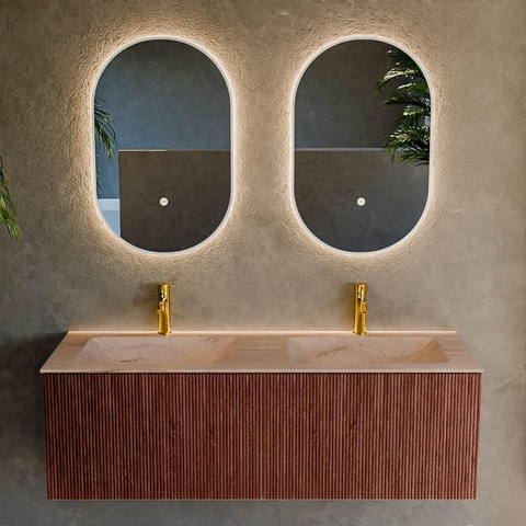 MONDIAZ KURVE-DLUX Meuble de salle de bains 130 cm couleur Ruby avec 2 tiroirs et 0 porte. Plan vasque LEAF Double 2 trous de robinet Saba. SW1433507