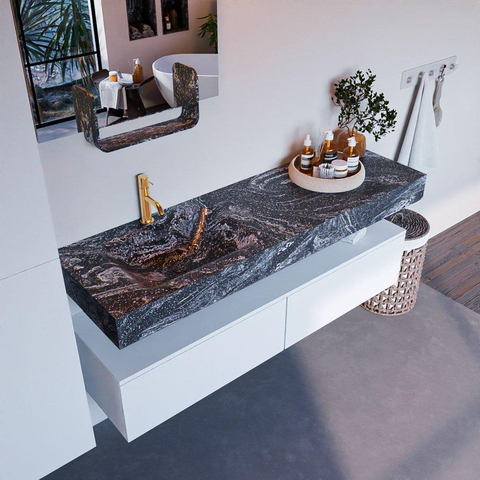 Mondiaz ALAN-DLUX Ensemble de meuble - 150cm - meuble Talc mat - 2 tiroirs - Lavabo Cloud Lava suspendu - vasque gauche - 1 trou de robinet SW807964