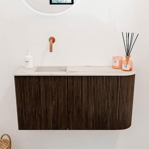 Mondiaz JOYA-DLUX 81.6cm toiletmeubel - ronding rechts kleur Walnut - Wastafel FAYE positie Links Zonder kraangat kleur Nata. SW1424516
