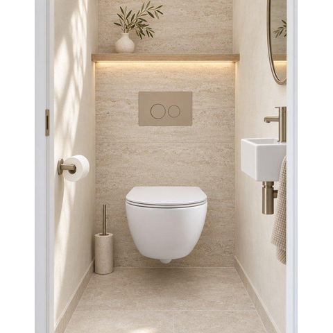 Pack WC QeramiQ Dely Swirl Compact - réservoir encastrable Geberit UP320 - avec bâti-support Burda - abattant slim - plaque de commande en plastique taupe - boutons ronds - blanc mat SW1595651