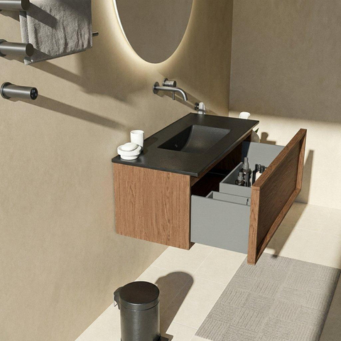 Saniclass Holz Frame Badkamermeubelset - 100x45x42cm - Vygo keramische wastafel zwart - 1 wasbak - zonder kraangat - 1 lade - mat walnut pure (hout) SW1478971