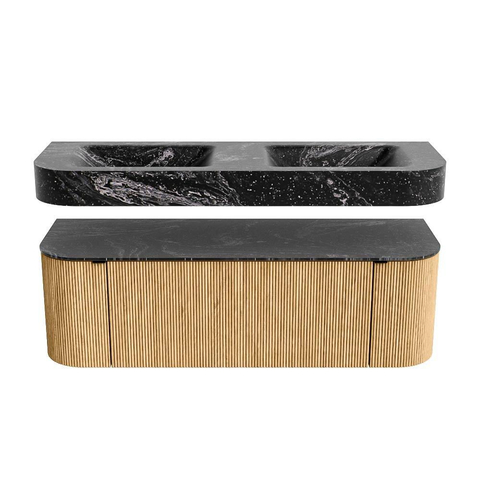 MONDIAZ THOR-DLUX 140cm meuble de salle de bains arrondi gauche + droite couleur Oak avec 1 tiroir et 2 portes. Vasque suspendue CLOUD Double sans trou de robinet couleur Lava. SW1463962