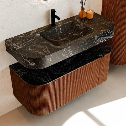 MONDIAZ THOR-DLUX Meuble de salle de bains 110cm arrondi gauche + droite couleur Ruby avec 1 tiroir et 2 portes. Vasque suspendue CLOUD Milieu 1 trou de robinet couleur Lava. SW1462828
