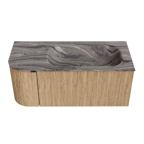 MONDIAZ KURVE-DLUX 105cm badmeubel ronding Links kleur Oak met 1 lade en 1 deur. Wastafel BIG SMALL Rechts zonder kraangat Sombra. SW1433551