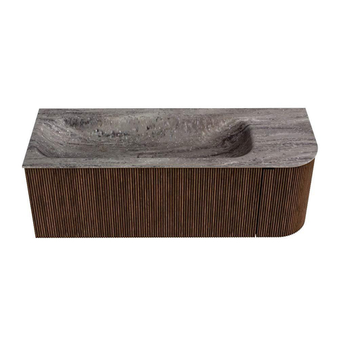 MONDIAZ KURVE-DLUX 125cm badmeubel ronding Rechts kleur Walnut met 1 lade en 1 deur. Wastafel BIG MEDIUM Links zonder kraangat Oza. SW1432738