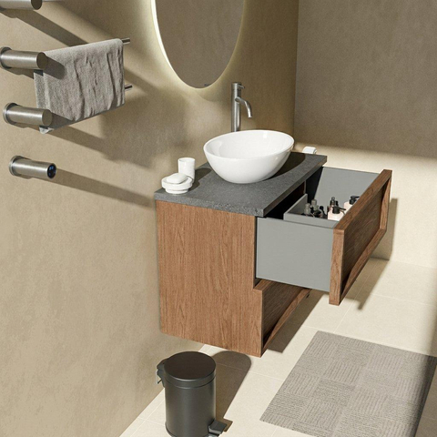 Saniclass Holz Frame Badkamermeubelset - 80x45x63cm - Noche basalten wastafelblad gepolijst (zwart) - 1 kraangat - 2 lades - mat walnut pure (hout) SW1579899
