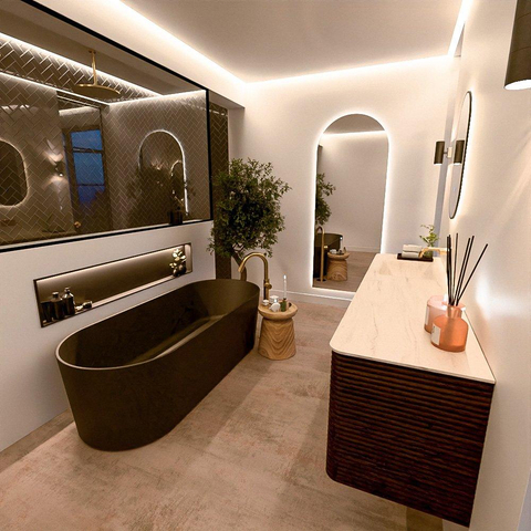 Mondiaz CIRO-DLUX Meuble de salle de bains - 180x45x50cm - Plan vasque Solid surface Meli - 1 vasque à gauche - sans perçages pour robinet - 4 tiroirs - Noyer SW1530536