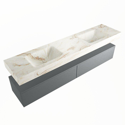 Mondiaz ALAN-DLUX Ensemble de meuble - 200cm - meuble Plata mat - 2 tiroirs - Lavabo Cloud Frappe suspendu - vasque Gauche et droite - 2 trous de robinet SW804924