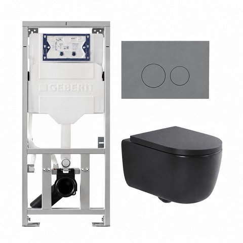 QeramiQ Dely Swirl Ensemble WC - 36.3x51.7cm - réservoir encastré Geberit UP320 - avec cadre Burda - abattant slim - plaque de commande gris clair - boutons ronds - noir mat SW1164798