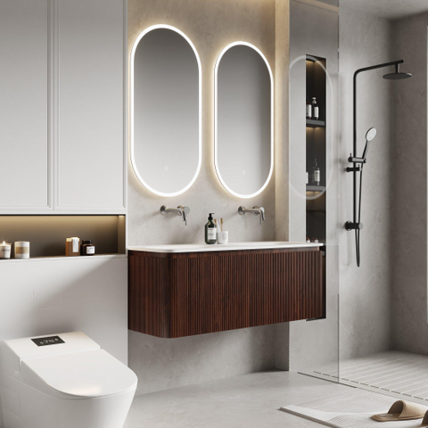Royal Plaza Terra Edge Ensemble meuble de salle de bains - 120x45.5x46cm - vasque en céramique blanc brillant - 2 vasques - sans trous de robinet - 2 tiroirs - châtaignier (noyer) SW1471939