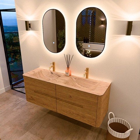 Mondiaz CIRO-DLUX Ensemble de meubles de salle de bains - 140x45x50cm - Plan vasque Solid surface Arena - 2 vasques Double - 2 trous de robinet - 4 tiroirs - Chêne SW1531347