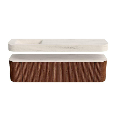 MONDIAZ THOR-DLUX Meuble de salle de bains 180cm arrondi gauche + droite couleur Ruby avec 2 tiroirs et 2 portes. Vasque suspendue CLOUD Gauche sans trou de robinet couleur Meli. SW1466178