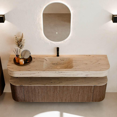 MONDIAZ THOR-DLUX 170cm badmeubel ronding links + rechts kleur Walnut met 1 lade en 2 deuren. Vrijhangende wastafel CLOUD Midden 1 kraangat kleur Arena. SW1465810