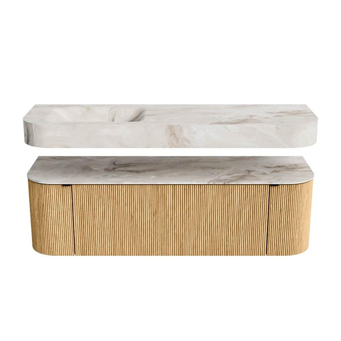 MONDIAZ THOR-DLUX 150cm badmeubel ronding links + rechts kleur Oak met 1 lade en 2 deuren. Vrijhangende wastafel CLOUD Links zonder kraangat kleur Frappe. SW1464585