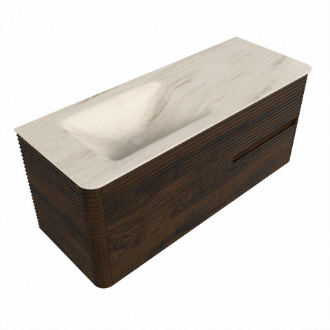 Mondiaz CIRO-DLUX Badkamermeubelset - 120x45x50cm - Solid surface wastafel Meli - 1 wasbak Links - zonder kraangaten - 2 lades - Walnut SW1530499