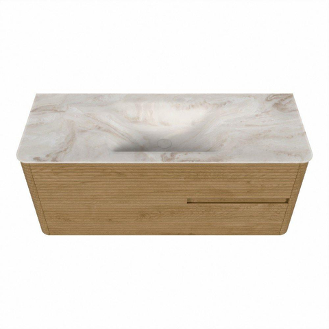 Mondiaz CIRO-DLUX Meuble de salle de bains - 120x45x50cm - plan-vasque solid surface Frappe - 1 lavabo au milieu - sans trous de robinetterie - 2 tiroirs - chêne SW1530866
