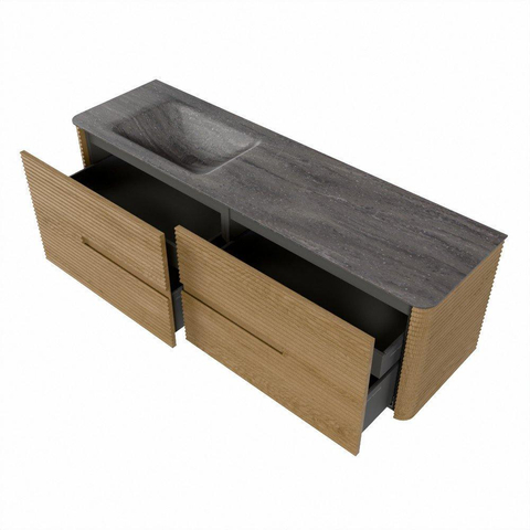Mondiaz CIRO-DLUX Meuble de salle de bains - 160x45x50cm - Plan-vasque Solid surface Oza - 1 vasque à gauche - sans trous de robinet - 4 tiroirs - Chêne SW1531131