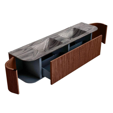 MONDIAZ KURVE-DLUX meuble de salle de bains 180cm arrondi gauche + droite couleur Ruby avec 2 tiroirs et 2 portes. Lavabo LEAF double 2 trous de robinet Sombra. SW1433992