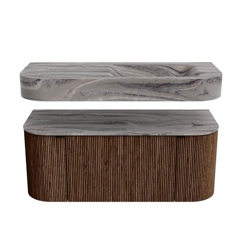 MONDIAZ THOR-DLUX 110cm meuble de salle de bains arrondi gauche + droite couleur Walnut avec 1 tiroir et 2 portes. Vasque suspendue CLOUD Droite sans trou de robinet couleur Sombra. SW1463011