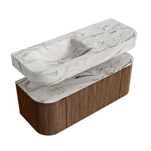 MONDIAZ THOR-DLUX 120cm badmeubel ronding links + rechts kleur Walnut met 1 lade en 2 deuren. Vrijhangende wastafel CLOUD Links zonder kraangat kleur Glace. SW1463215