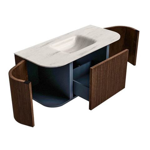 MONDIAZ KURVE-DLUX 100cm badmeubel ronding Links + Rechts kleur Walnut met 1 lade en 2 deuren. Wastafel GRUNNE Midden zonder kraangat Meli. SW1434027