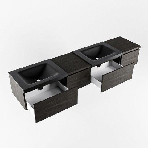 MONDIAZ BUKLA 200cm ensemble de meuble avec module 40 gauche couleur Marron Foncé avec 4 tiroirs. Lavabo CLOUD double 2 trous de robinet couleur Urban. SW1382234