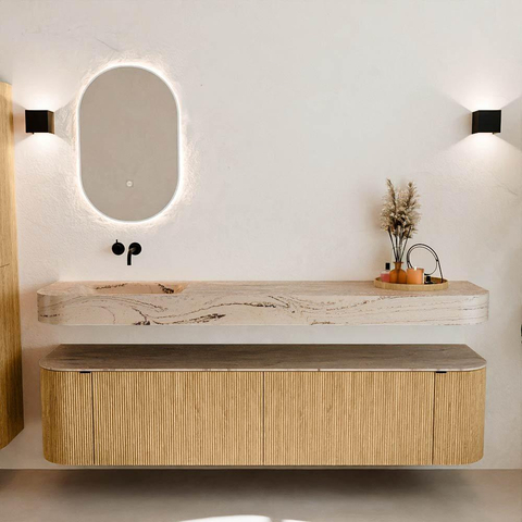 MONDIAZ THOR-DLUX 190cm meuble de salle de bains arrondi gauche + droite couleur Oak avec 2 tiroirs et 2 portes. Vasque suspendue CLOUD Gauche sans trou de robinet couleur Arena. SW1466573