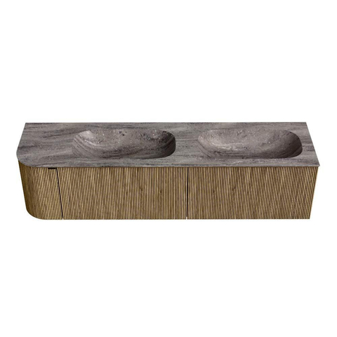 MONDIAZ KURVE-DLUX 175cm badmeubel ronding Links kleur Dusk met 2 lades en 1 deur. Wastafel STOR SMALL Dubbel / Rechts zonder kraangat Oza. SW1432751
