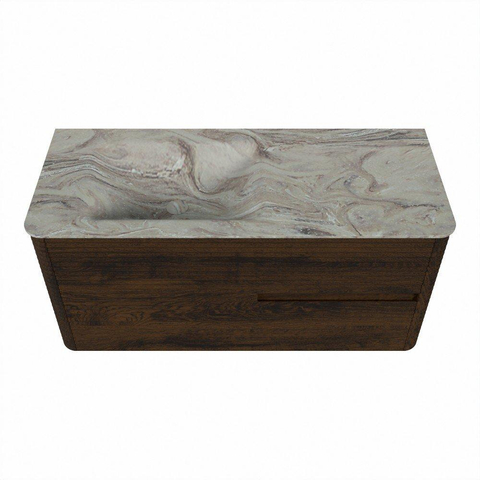 Mondiaz CIRO-DLUX Meuble de salle de bains - 110x45x50cm - Plan vasque solid surface Glace - 1 lavabo à gauche - 1 trou de robinet - 2 tiroirs - Noyer SW1530226