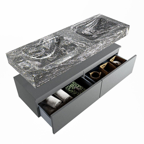 Mondiaz ALAN-DLUX Ensemble de meuble - 130cm - meuble Plata mat - 2 tiroirs - Lavabo Cloud Lava suspendu - vasque Gauche et droite - 2 trous de robinet SW808753