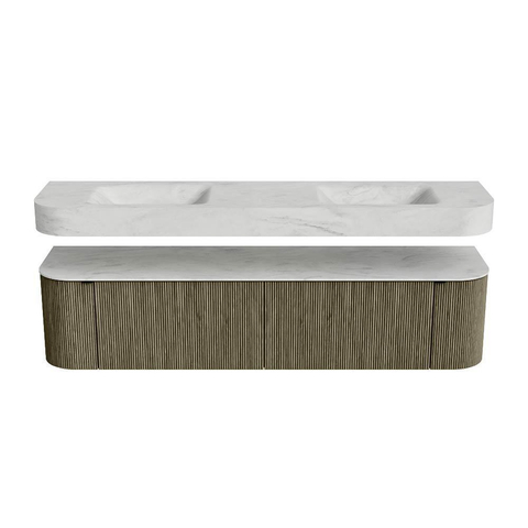 MONDIAZ THOR-DLUX Meuble de salle de bains - 190cm - arrondi gauche + droite - couleur Shadow - 2 tiroirs - 2 portes - Vasque suspendue CLOUD Double 2 trous de robinet - couleur Opalo SW1466572