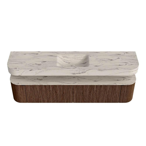 MONDIAZ THOR-DLUX 200cm badmeubel ronding links + rechts kleur Walnut met 2 lades en 2 deuren. Vrijhangende wastafel CLOUD Midden zonder kraangat kleur Nata. SW1467159