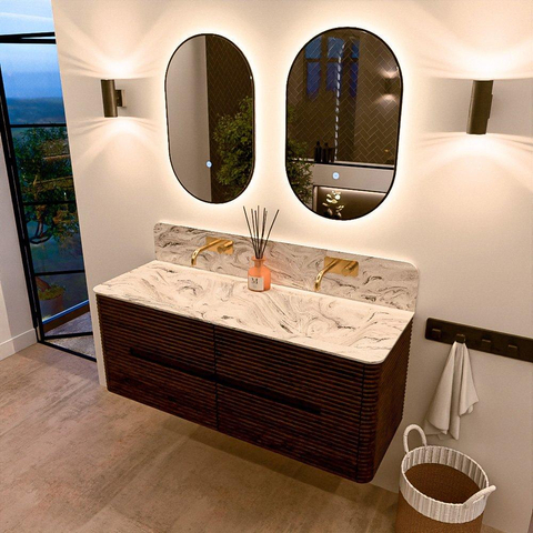 Mondiaz CIRO-DLUX Badkamermeubelset - 130x45x50cm - Solid surface wastafel Glace - 2 wasbak Dubbel - zonder kraangaten - 4 lades - Walnut SW1530249