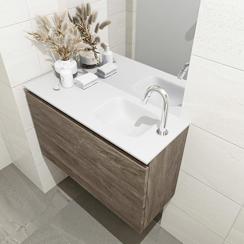 MONDIAZ OLAN Toiletmeubel 80x30x40cm met 1 kraangaten 1 lades dark brown mat Wastafel Lex rechts Solid Surface Wit SW473495