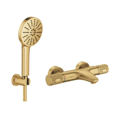 Grohe Precision Feel Thermostatische Badkraan - 31.3cm - Vitalio Joy Badset - ronde handdouche - 3 straalsoorten - met houder - brushed cool sunrise (goud) SW1552891