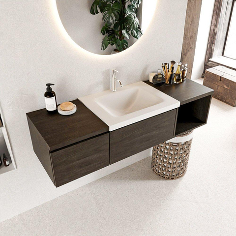 MONDIAZ BUKLA meuble de salle de bain 140 cm avec module ouvert 40 à droite couleur Marron Foncé avec 2 tiroirs. Lavabo CLOUD centre 1 trou de robinet couleur Talc. SW1381968