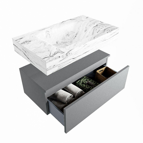 Mondiaz ALAN-DLUX Ensemble de meuble - 80cm - meuble Plata mat - 1 tiroir - Lavabo Cloud Glace suspendu - vasque Centre - 1 trou de robinet SW806056