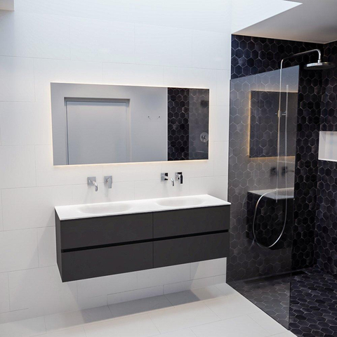 MONDIAZ VICA Ensemble de meuble salle de bain - 150cm - 4 tiroirs - lavabo Moon double - 0 trous de robinet - solid surface gris foncé SW409835