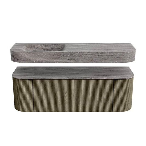 MONDIAZ THOR-DLUX Meuble de salle de bains 140cm arrondi gauche + droite couleur Shadow avec 1 tiroir et 2 portes. Vasque suspendue CLOUD Gauche sans trou de robinet couleur Oza. SW1464296