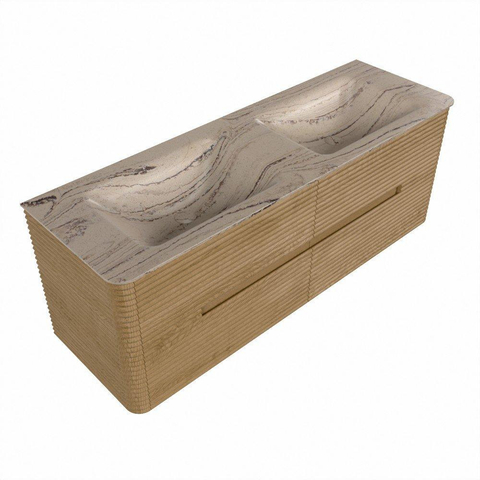 Mondiaz CIRO-DLUX Ensemble de meubles de salle de bains - 140x45x50cm - Plan vasque Solid surface Arena - 2 vasques Double - 2 trous de robinet - 4 tiroirs - Chêne SW1531347