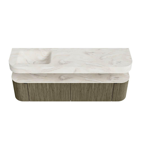 MONDIAZ THOR-DLUX 180cm meuble de salle de bains arrondi gauche + droite couleur Shadow avec 2 tiroirs et 2 portes. Vasque suspendue CLOUD Gauche sans trou de robinet couleur Ostra. SW1466106