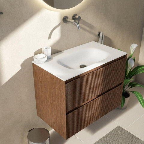 Saniclass Holz Atelier Badkamermeubelset - 80x45x61.5cm - Flow solid surface wastafel wit - 1 wasbak - zonder kraangat - 2 lades - mat walnut pure (hout) SW1478379