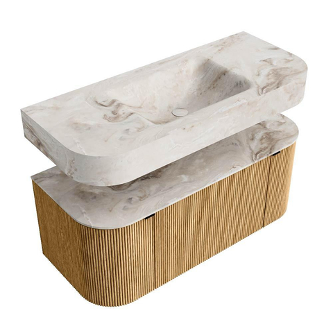 MONDIAZ THOR-DLUX 110cm badmeubel ronding links + rechts kleur Oak met 1 lade en 2 deuren. Vrijhangende wastafel CLOUD Midden 1 kraangat kleur Frappe. SW1462735