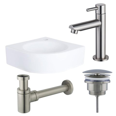 QeramiQ Fuente Pack Lave-mains d'angle - 30x30x10cm - 1 trou de robinet - céramique - robinet Inox brossé - Blanc brillant SW1111512